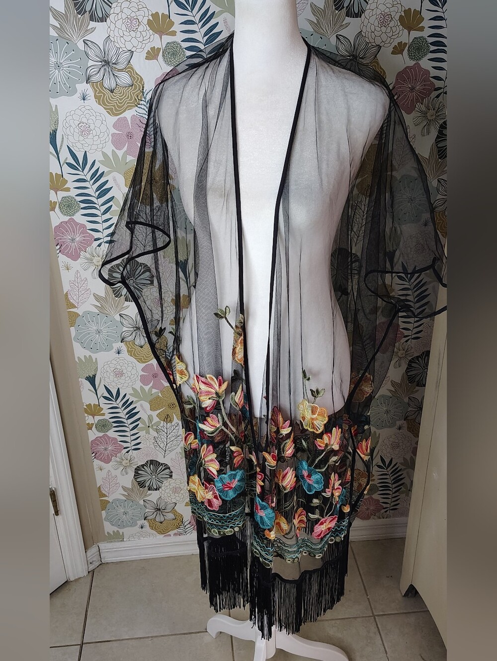 Haute Hippie  Sheer Embroidered Floral Fringe Swim Coverup Open Front Kimono